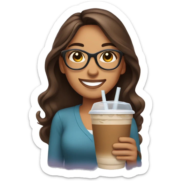 Smiling Hispanic woman with long brown hair wearing glasses holding an iced coffee sticker