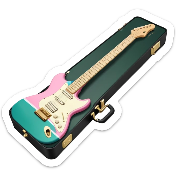 minimalist electric guitar in dark green with pink and blue stripe decal, closed inside a black rectangular hard case with gold latches, flat semi-3D style, soft matte textures, simplified details, stylized decal accent, alternate angle sticker