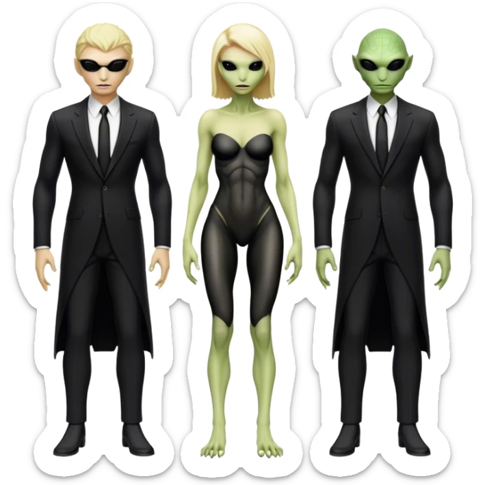 a blonde reptilian alien woman as men in black, full body, full figure sticker