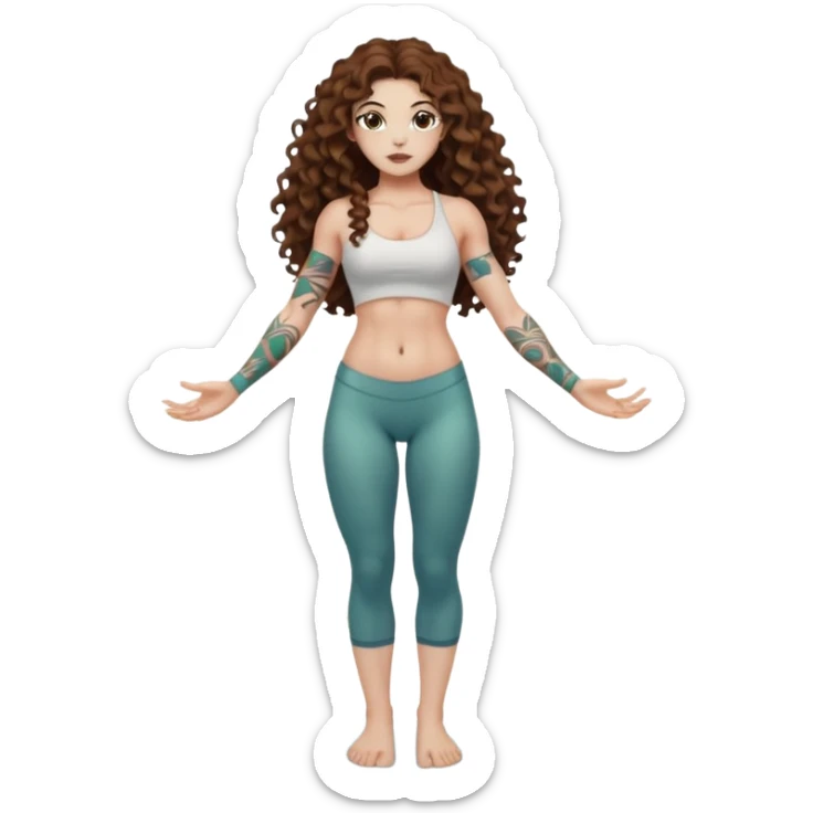 full body woman long curly brown hair brown eyes white skin tattoos muscular build lily pond spirit stance sticker