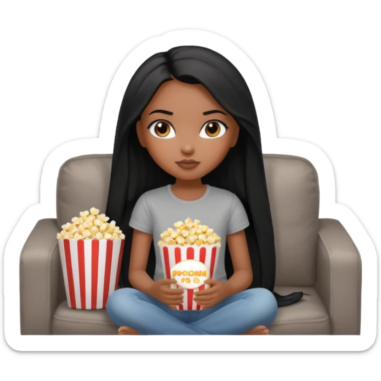 a pretty bratz dusky girl with long straight hair on a couch with popcorn nd wearing a grey tshirt sticker