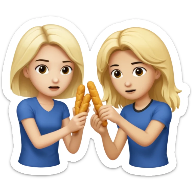 Aurore is blond and Enzo had mid-long black hair are fighting about mozzarella sticks sticker