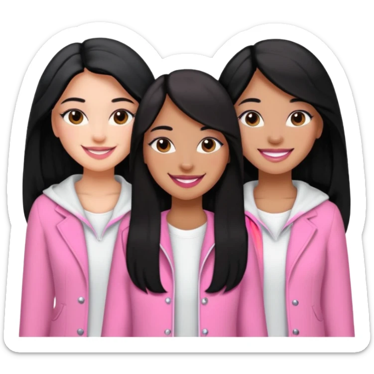 3 besties with professional glammed up looks wearing pink and white, medium skin tone smiling big with black long hair. Very girly  sticker