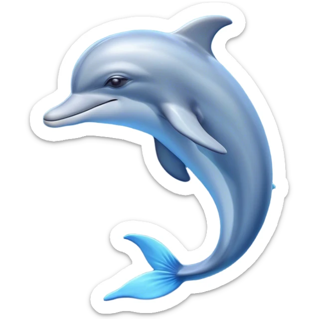 Cinematic Noble Dolphin Portrait Emoji, Poised and graceful, with a sleek, streamlined body of smooth, silvery-blue skin and a gentle, arched dorsal fin, deep, soulful eyes exuding intelligence, Simplified yet sharp and sophisticated features, highly detailed, glowing with a soft, aquatic luminescence, high shine, intelligent and elegant, stylized with an air of oceanic majesty, focused and fluid, soft glowing outline, capturing the essence of a watchful and confident marine guardian that seems ready to leap out of the screen with effortless authority! sticker