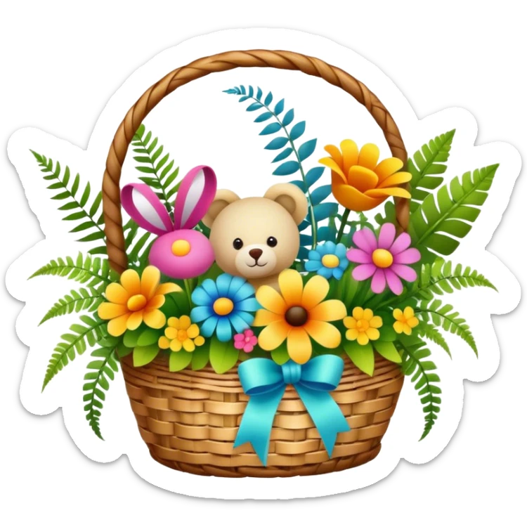 Icon for Floristry: a woven basket with flowers, reeds, ferns, bright ribbons, and a small plush toy. The icon should represent creativity in flower arrangement and decorative design. Transparent background. sticker