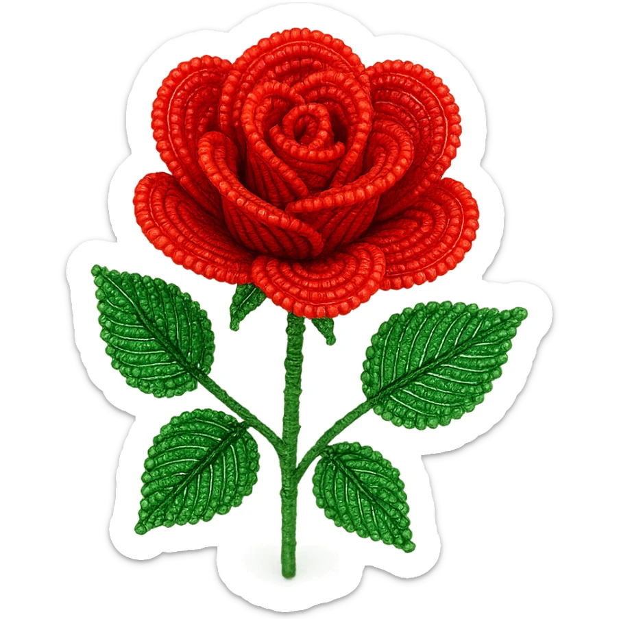 french beaded red rose, stylized, vibrant red beads, green beaded leaves, delicate craftsmanship, isolated, no background sticker