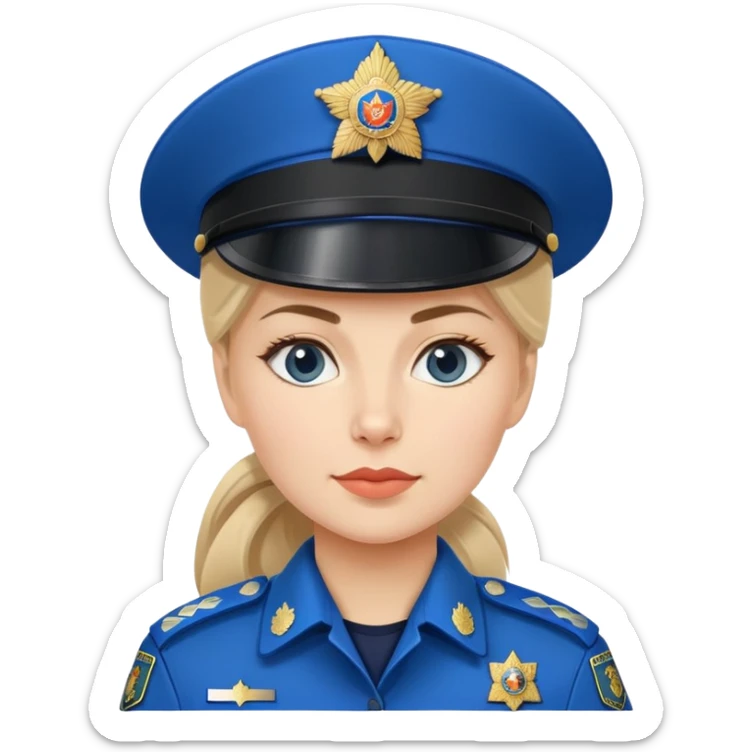Female Russian police officer with traditional Russian police hat and blue uniform sticker