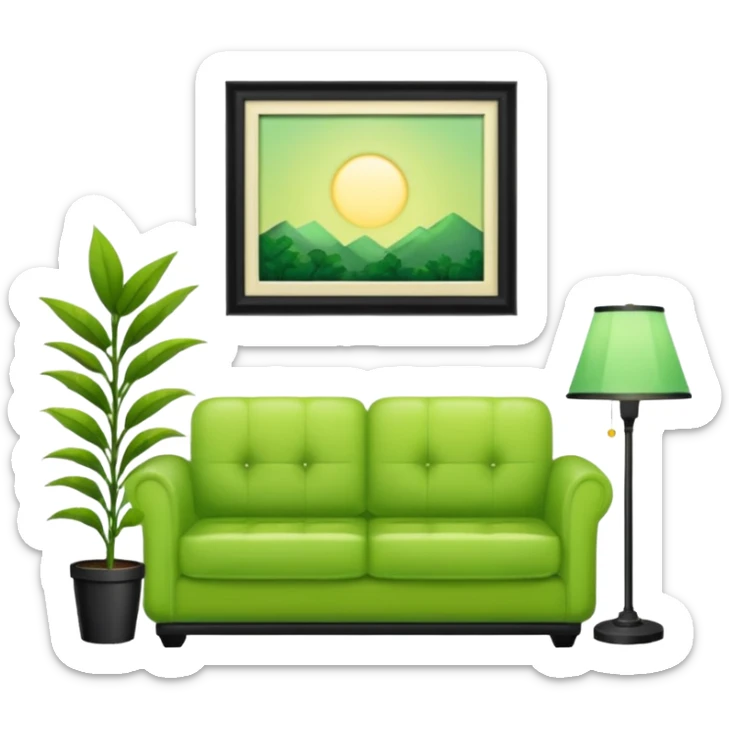 living room in ios emoji style

no TV, and make the couch a light green color

there is a lamp on one side and one plant on the other side sticker