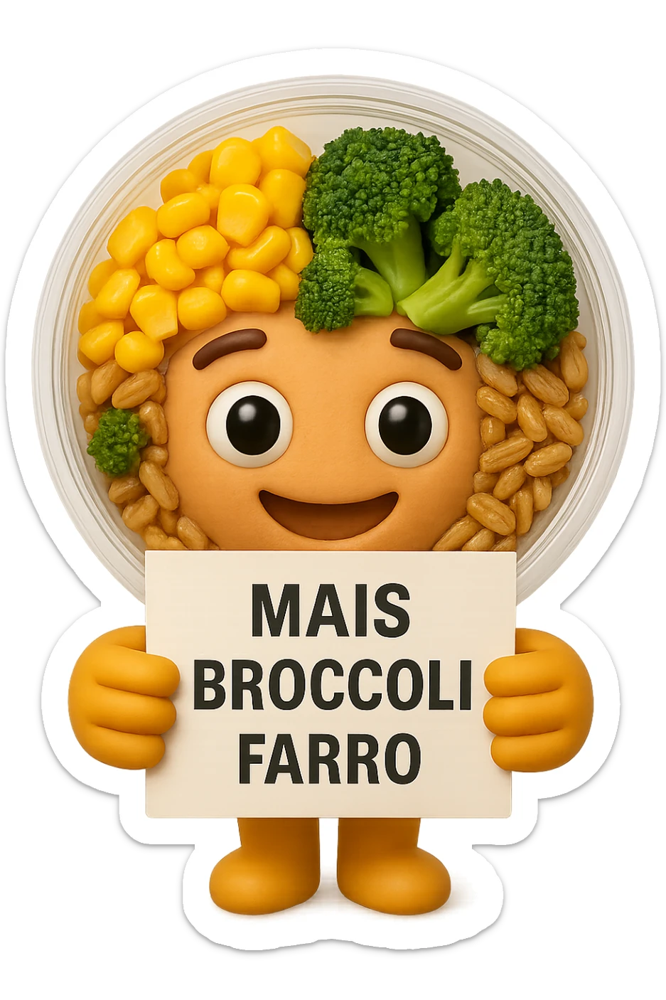 SU QUESTO STILE FAI UN EMOJI STILE IPHONE 3D DI UN INSALATA PRECONFEZIONATA DA SUPERMERCATO CON FOCUS SU ETICHETTA NUTRIZIONALE CON GLI INGREDIENTI IN ITALIANO TIPO: MAIS, BROCCOLI, FARRO, ACCANTO ALL'INSALATA CHE HA IN MANO C'è UN FOCUS SULL'ETICHETTA CON GLI INGREDIENTI SCRITTI, FALLO MOLTO REALISTICO IN 3D sticker