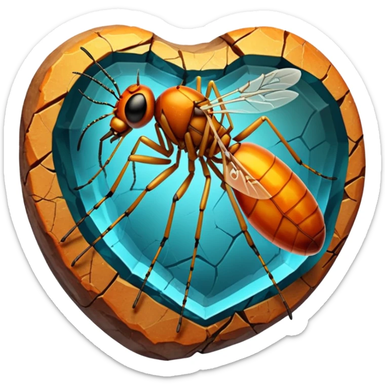 3D render of Amber Mosquito, embedded in a chunk of rough sedimentary rock, cracked stone texture, ancient fossil aesthetic, trapped inside a glowing translucent orange amber gem, matte dry finish, Apple emoji style, isolated on white background --v 6.0 sticker