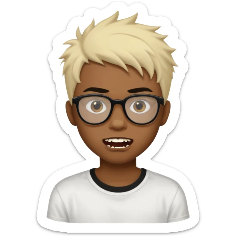 Black Male Teenager with Short punk messy blonde hair, Dark brown bushy eyebrows large expressive golden-brown eyes, wearing a plain white t-shirt, wearing thick black glasses, Dark Brown skin color. Showing off his singular vampire tooth sticker