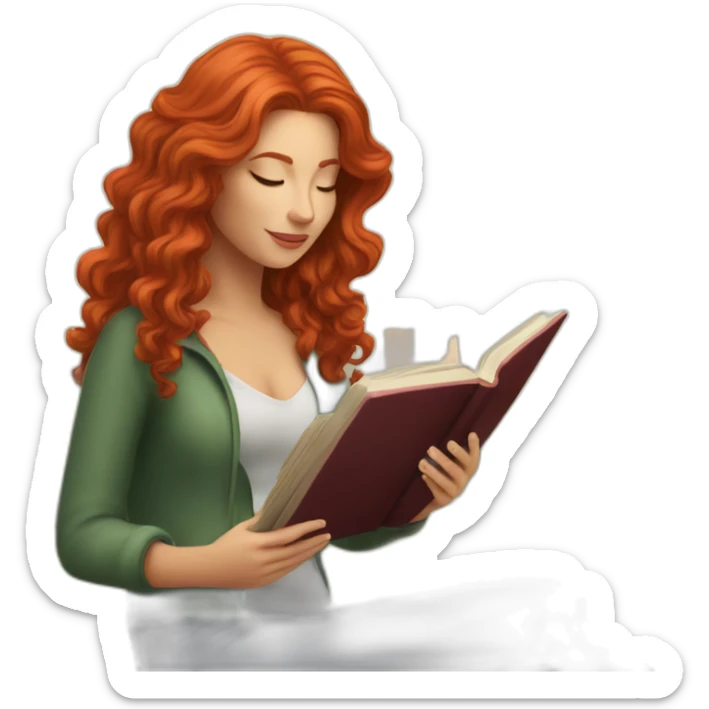 White woman with long curly red hair reading a book with a glass of wine in a park sticker