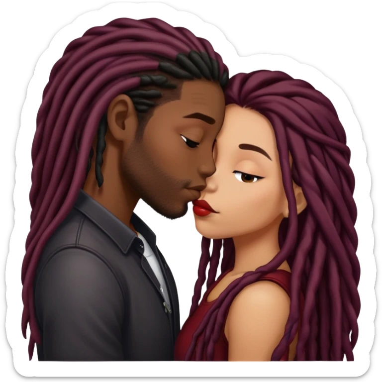 Dark Wine colored hair Latina long hair, kissing young black guy with dreads sticker