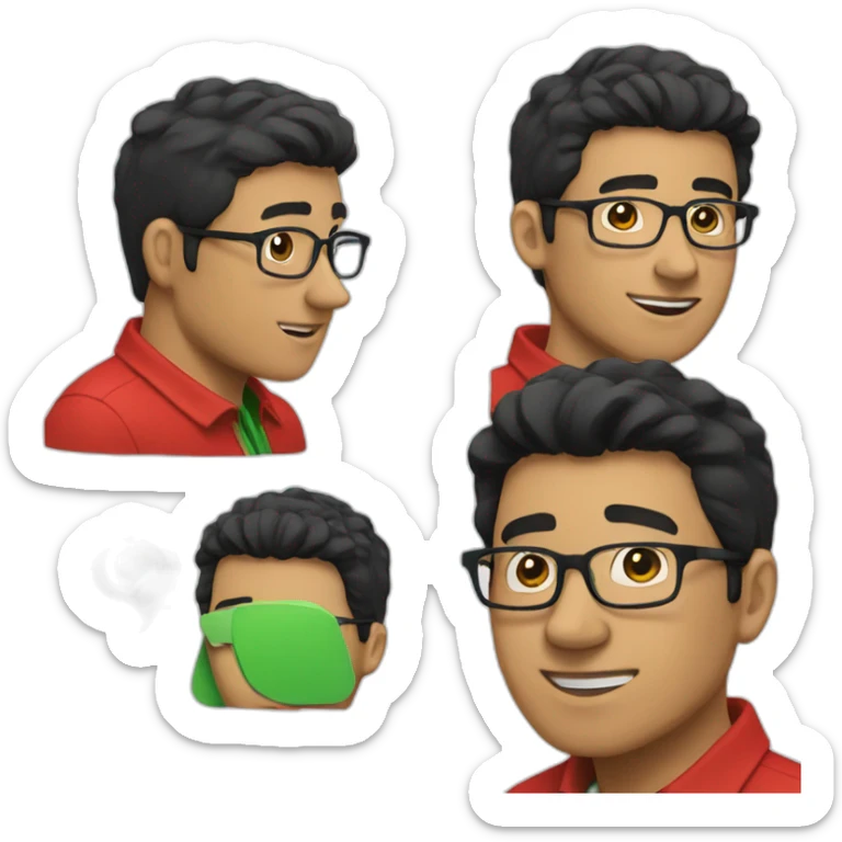 Man with black hair and glasses wearing red shirt with green polo collar sticker