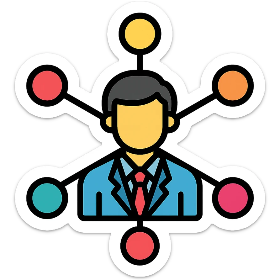 network marketing professional, modern business style, person in suit with network nodes and connections, vibrant colors, clean lines sticker