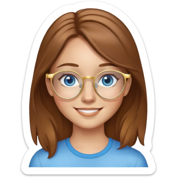 Girl with light skin, brown hair, blue eyes, freckles, and gold glasses smiling sticker