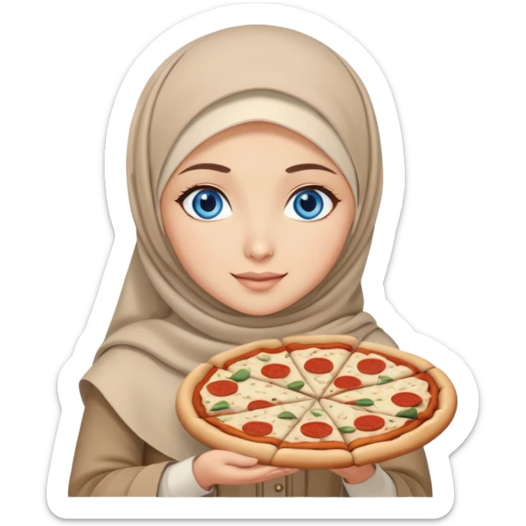 Turkish beautiful finish Konya girl blue eyes with beige hijab islamic dress and had on her hand pizza sticker