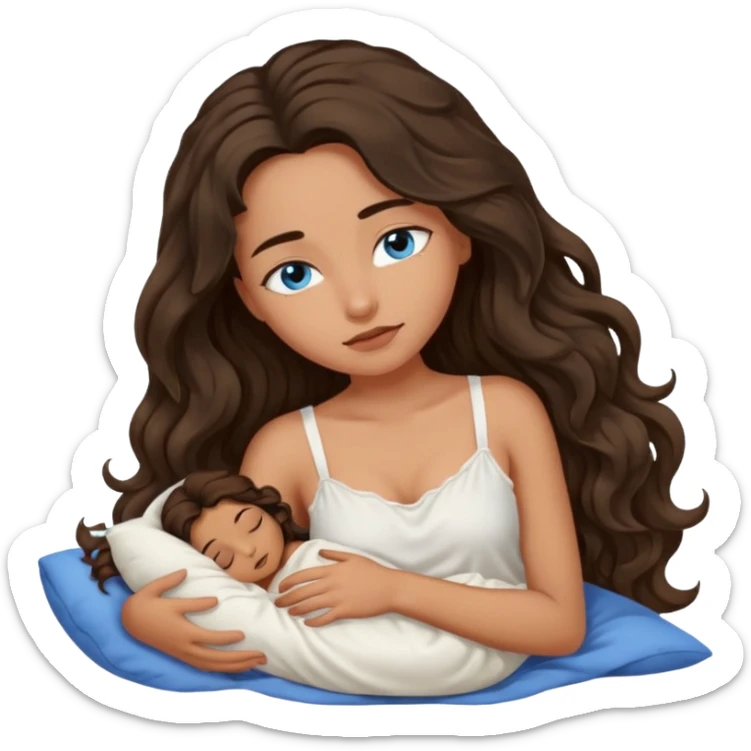 Girl with olive skin, blue eyes, brown dark insanely wavy long hair, white camisole sleeping sticker