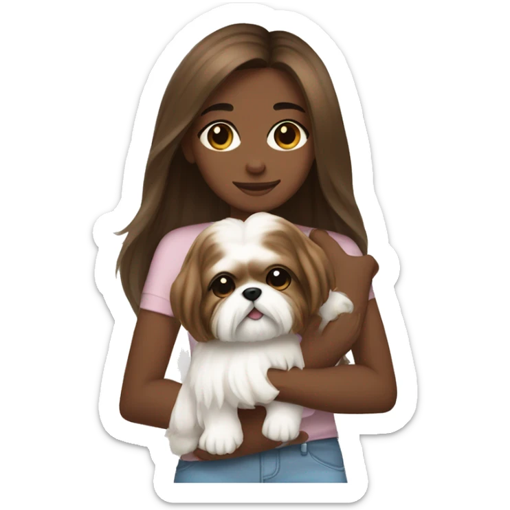 Girl with brown skin with brown long hair, hugging her white Shih tzu sticker