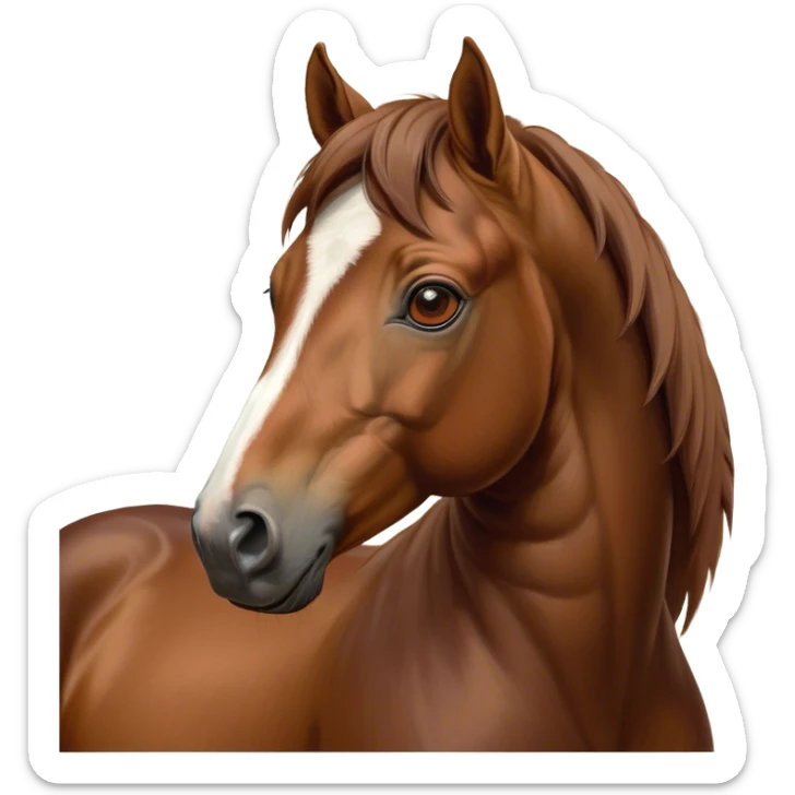 Cinematic Noble Brown Welsh Pony Portrait Emoji, Poised and sturdy, with a well-muscled build draped in a rich, chestnut-brown color, expressive eyes and a gracefully refined head with a gentle, noble profile, Simplified yet sharp and sophisticated features, highly detailed, glowing with a warm, earthy glow, high shine, intelligent and resilient, stylized with an air of pastoral elegance, focused and determined, soft glowing outline, capturing the essence of a watchful and confident brown Welsh pony that appears ready to gallop out of the screen with effortless strength! sticker