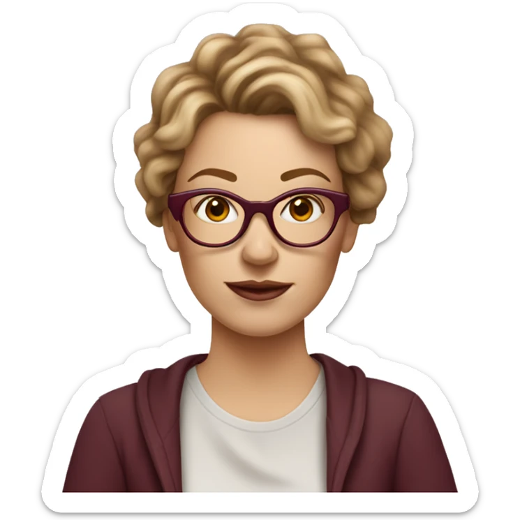 white mom with light brown messy hair, freckles on cheeks and nose, wearing burgundy glasses, holding coffee sticker