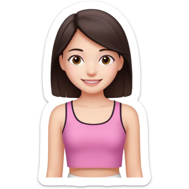 Koyu kahverengi orta boyda düz saçlı koyu kahverengi gözlü pembe beyaz crop tarzı kıyafetli  açık tenli kız sticker