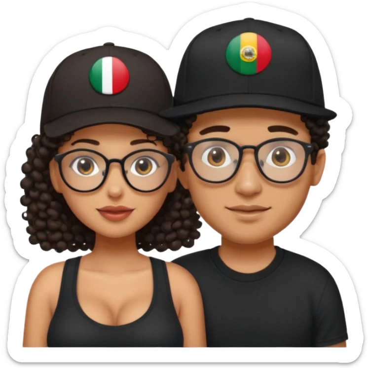 A picture of a cute tanned couple. the man is Mexican, with a bald hair cut wearing a SnapBack hat and a black shirt. the woman is mixed, she has curly longer dark brown hair, thicker and with big boobs and the woman has glasses sticker