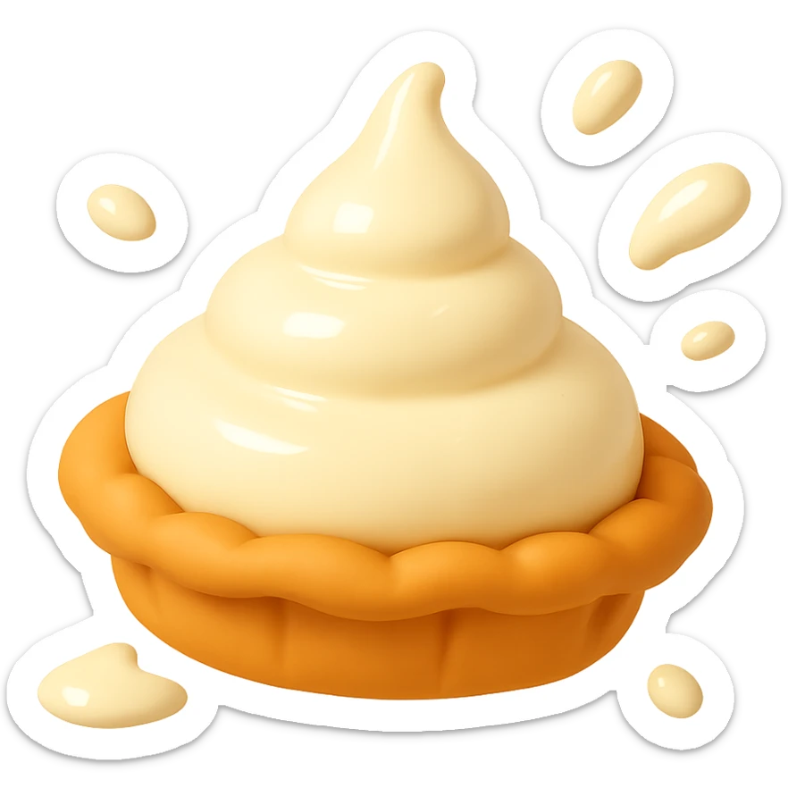 Frame 3 of 15: Intact cream pie, small cream splatter, playful 3D emoji style, golden brown crust, same angle as reference. sticker