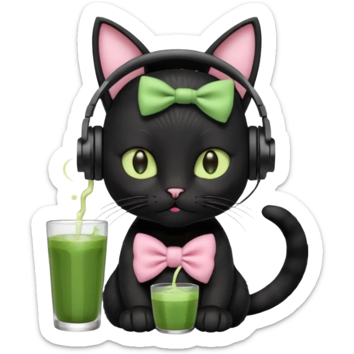 A black cat wearing cute headphones with a glass of matcha, a pink bow on his ear sticker