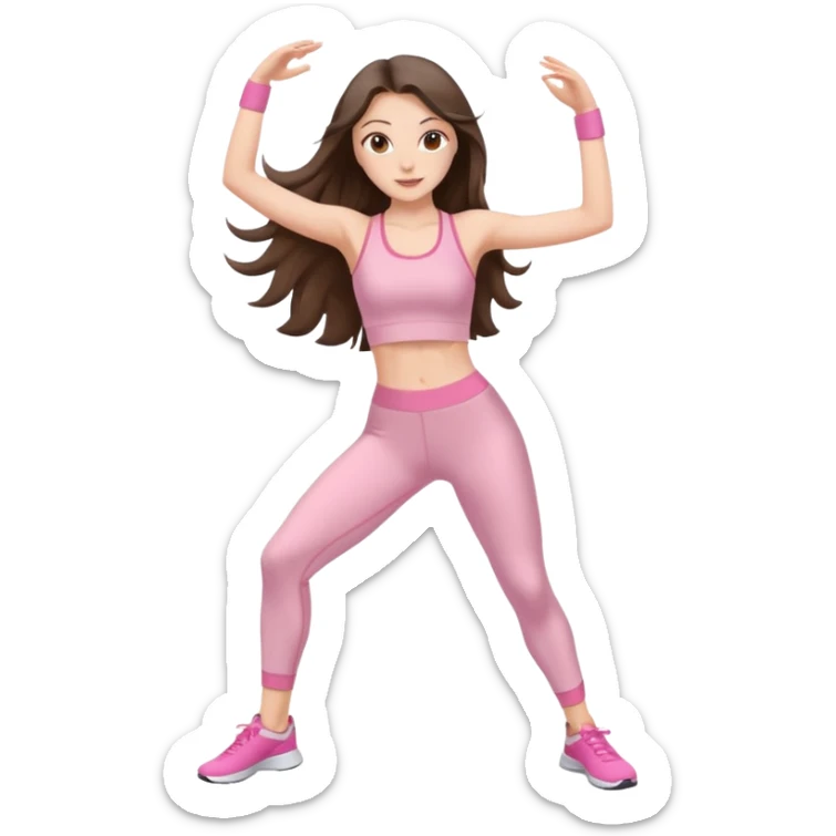 white brunette girl long hair with hazel eyes in light pink workout clothes dancing  sticker
