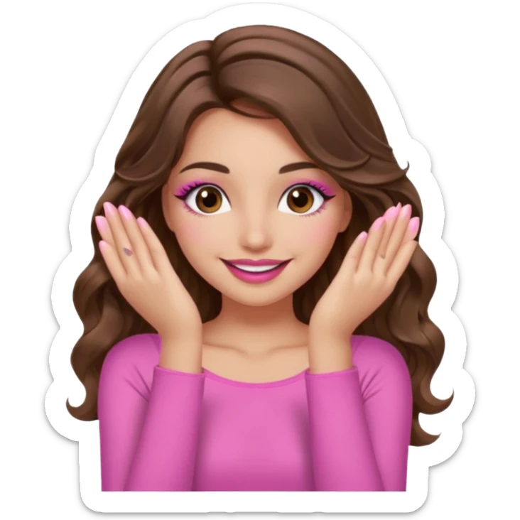 girl with long wavy brown hair, brown eyes, long lashes, sexy pink lips, light to medium complexion, wearing a pink sexy top, smiling, hands covering the eyes sticker