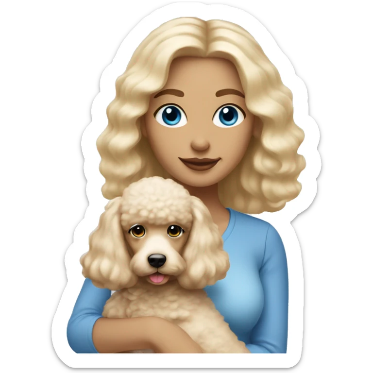 Blonde lady with blue eyes, straight hair  holding poodle puppy cream  sticker