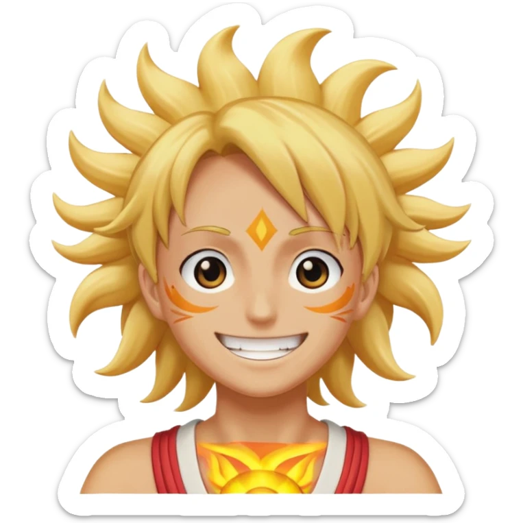 Sun God Nika from One Piece, bright and cheerful, simple facial features, golden hair, wide smile, energetic pose sticker
