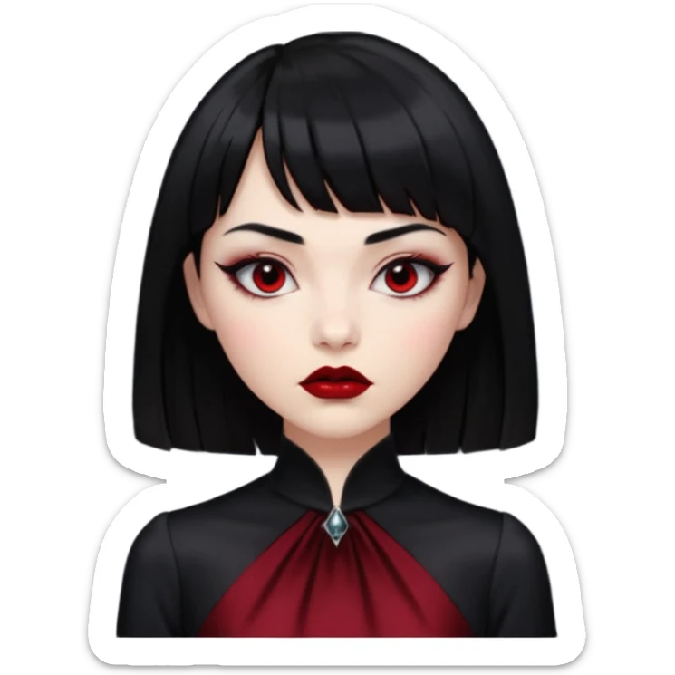 “Emoji girl, porcelain skin, sharp eyeliner, vampy deep red lips, straight jet-black hair with bangs, intense eyes, wearing black silk dress.” sticker