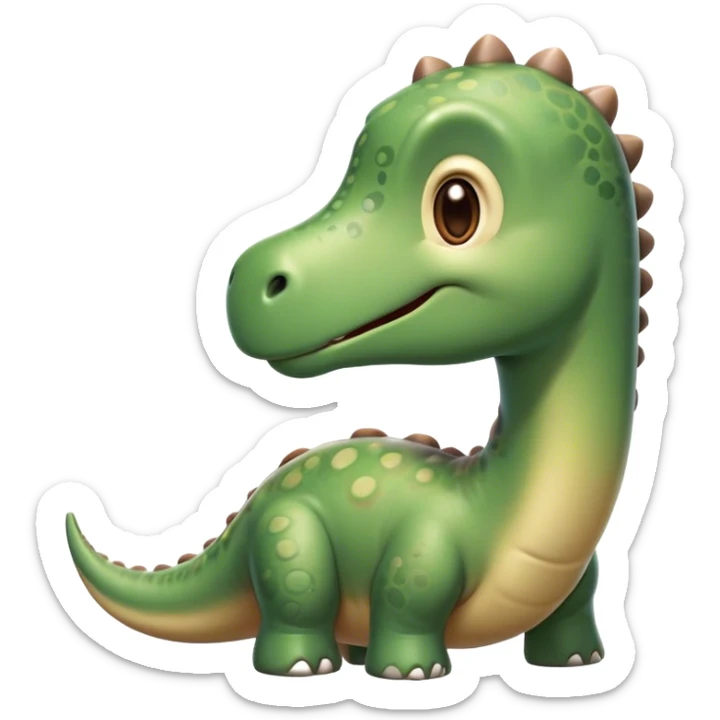 Cinematic Cute Brontosaurus Portrait Emoji, Head tilted playfully with a gentle smile, featuring a charming, massive form with an elongated neck and a small, endearing head adorned with bright, curious eyes, Simplified yet irresistibly adorable features, highly detailed, glowing with a warm, inviting prehistoric glow, high shine, affectionate and lively, stylized with a touch of whimsical ancient charm, soft glowing outline, capturing the essence of a playful Brontosaurus that seems as if it could amble out of the screen into your arms! sticker