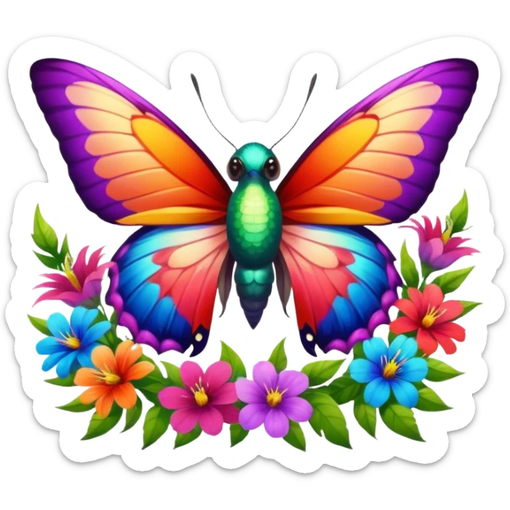 La la mañana se alegra entre flores y praderas ve avanzar mariposa bella y majestuosa entre colibrís sticker