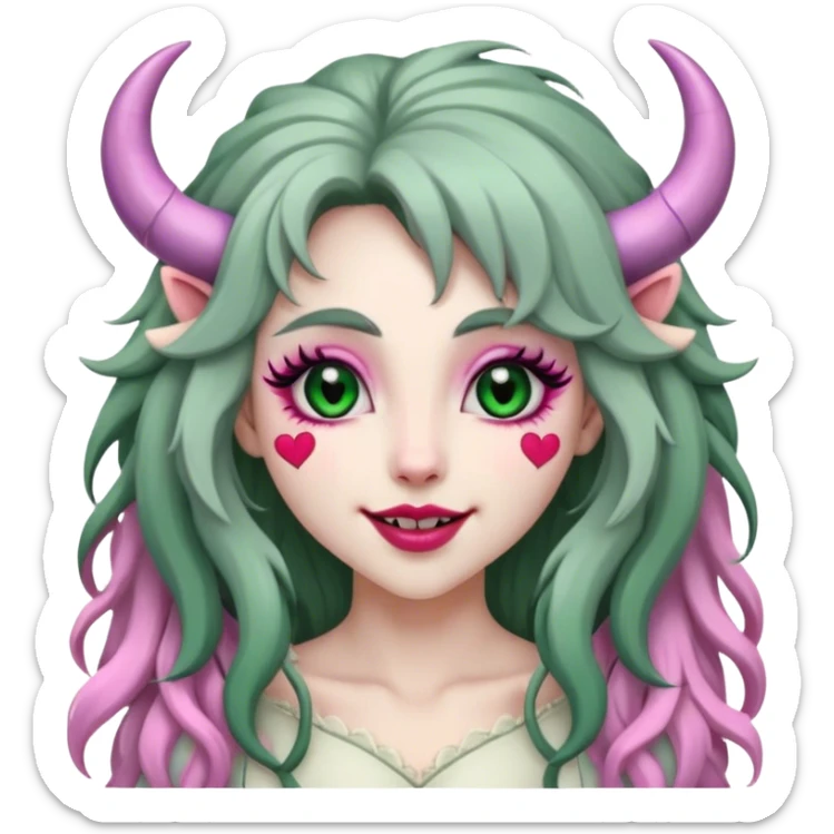Woman, pink irises, heart pupils, forest green long shaggy hair, light grey skin, ivory horns curving towards forehead, flirty smile, full lips, black lips, cute fangs sticker