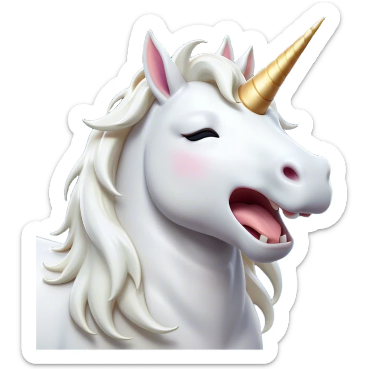 Cinematic Cute Yawning White Unicorn Portrait Emoji, Head tilted slightly with a dramatic, wide-open yawn, showcasing a softly elegant form with a gently cascading mane, a subtly glowing horn and sleepy, half-closed eyes, Simplified yet irresistibly adorable features, highly detailed, glowing with a soft, cozy magical glow, high shine, relaxed yet expressive, stylized with a dash of whimsical enchantment, soft glowing outline, capturing the essence of a drowsy yet affectionate white unicorn that appears ready to stretch and yawn its way out of the screen! sticker