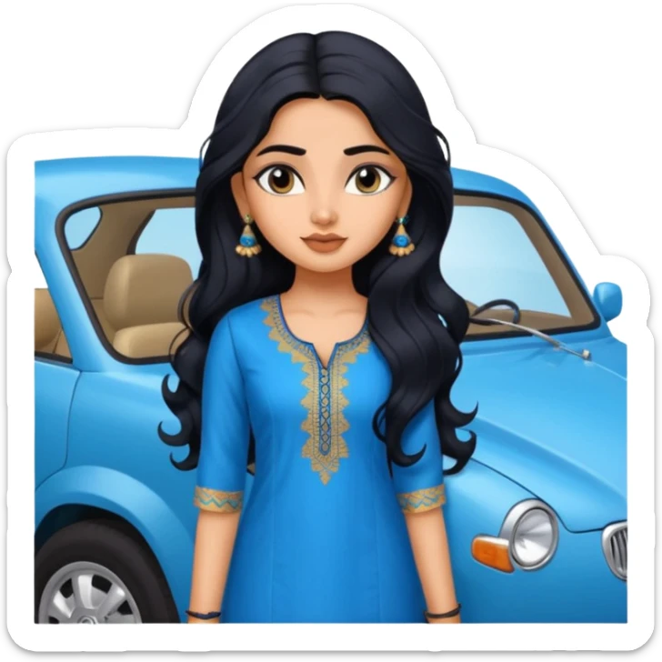 a pretty indian bratz girl with wavy long black hair. wearing a blue kurti, eyeliner on, indian auto behind her sticker