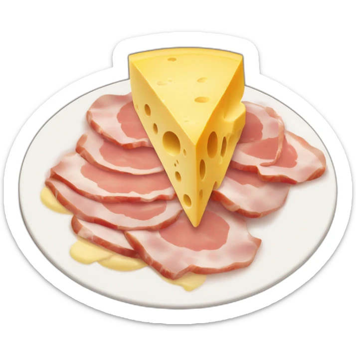 A big Melting raclette cheese in a plate with a little piece of ham and 4 potatoes  sticker