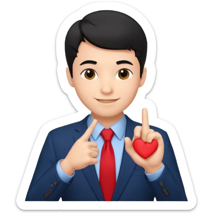 A man in very black short hair with all back hair style, wearing dark blue suit and red tie, making a heart finger sticker