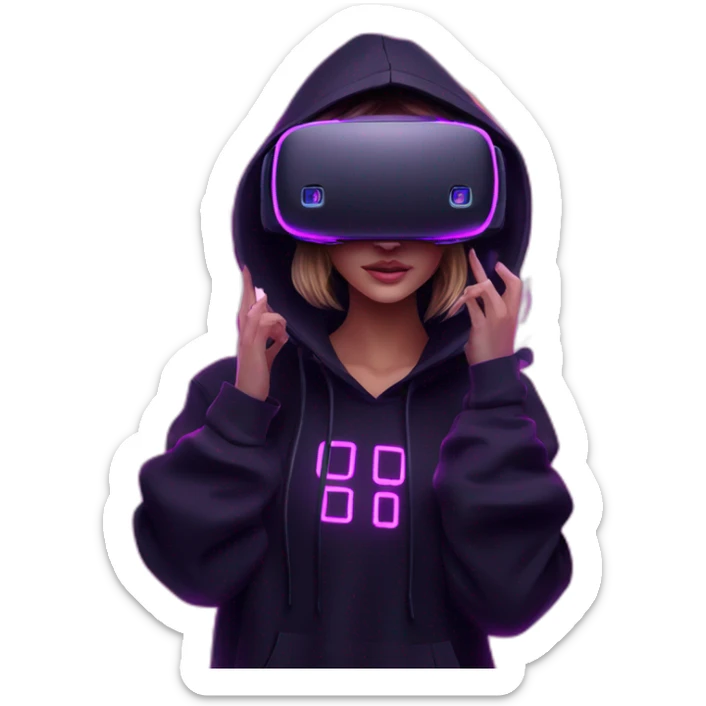 Russian girl wearing a black hoodie with "OMG" letters on it and VR headset in a cyberpunk VR environment with violet neon lighting. sticker
