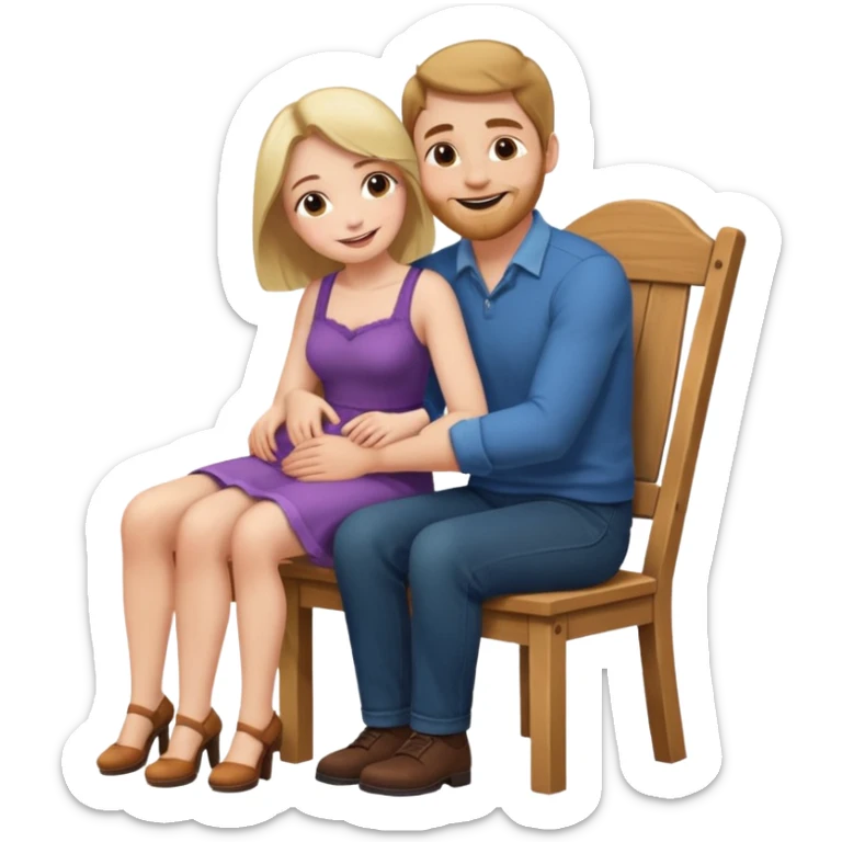 A woman sitting on a man's lap straddling him on an armless wooden chair.face to face  sticker