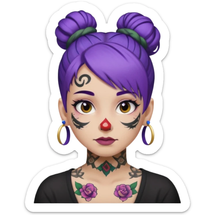 purple hair bun and lots of face tattoo sticker