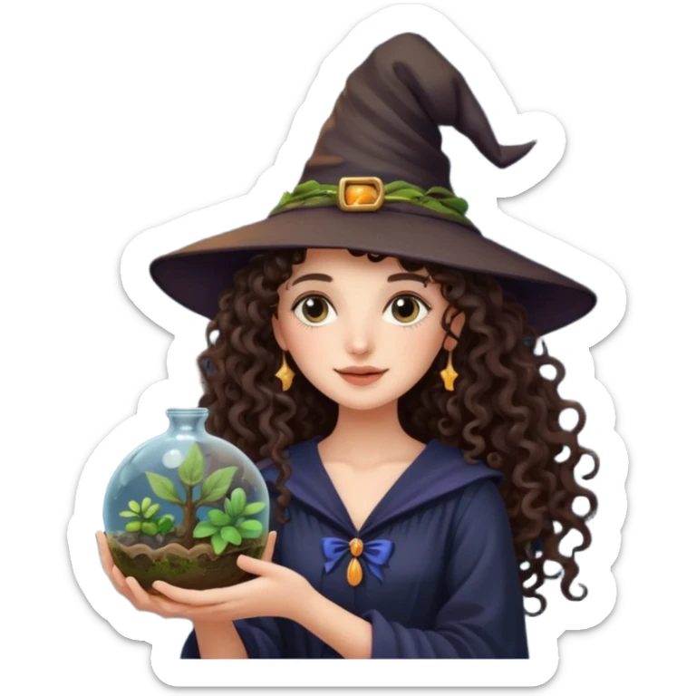 A long curly haired brunette girl with a moon, witch hat, holding a plant terrarium sticker