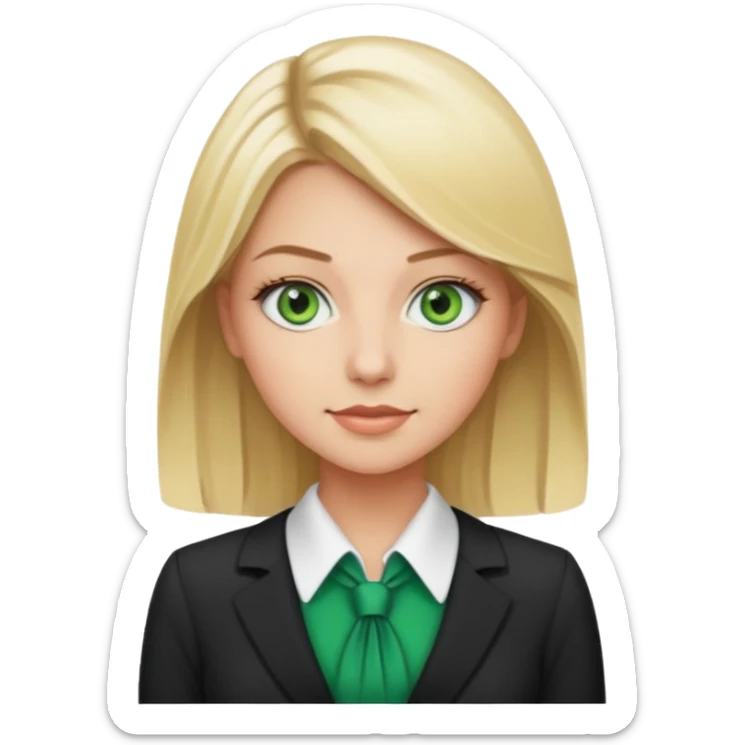 blonde real estate broker, 20 years old, green eyes, wears a cute corporate dress sticker