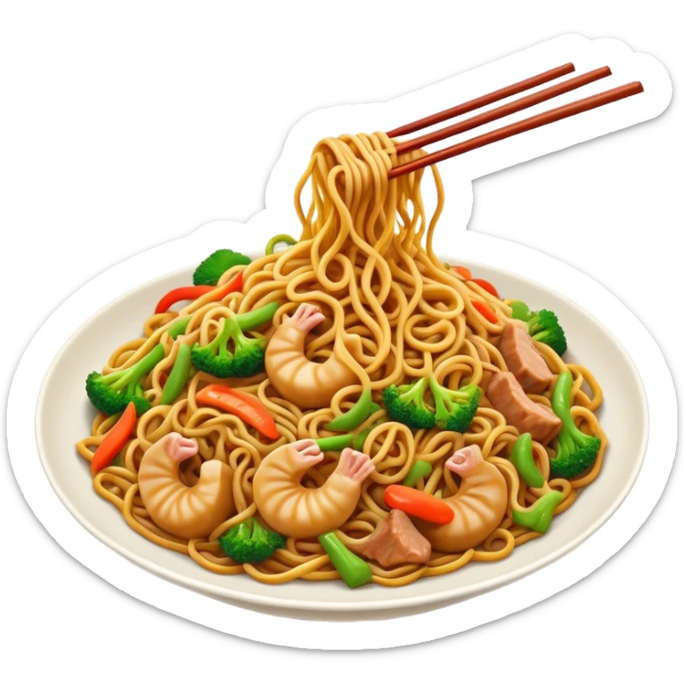 Cinematic Realistic Chow Mein Dish Emoji, showcasing stir‚Äêfried noodles with crisp vegetables and tender meat, rendered with lifelike detail and vibrant, dynamic lighting. sticker