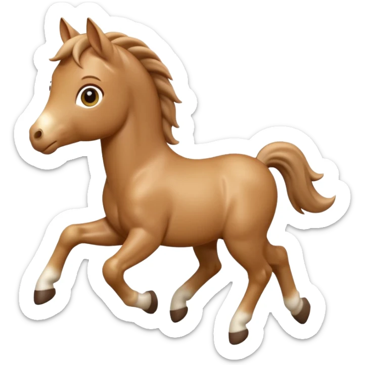 3D Apple-style emoji of a running foal. Small young horse with light brown body, short mane, big eyes, rounded and glossy, smooth shading, white background.

 sticker