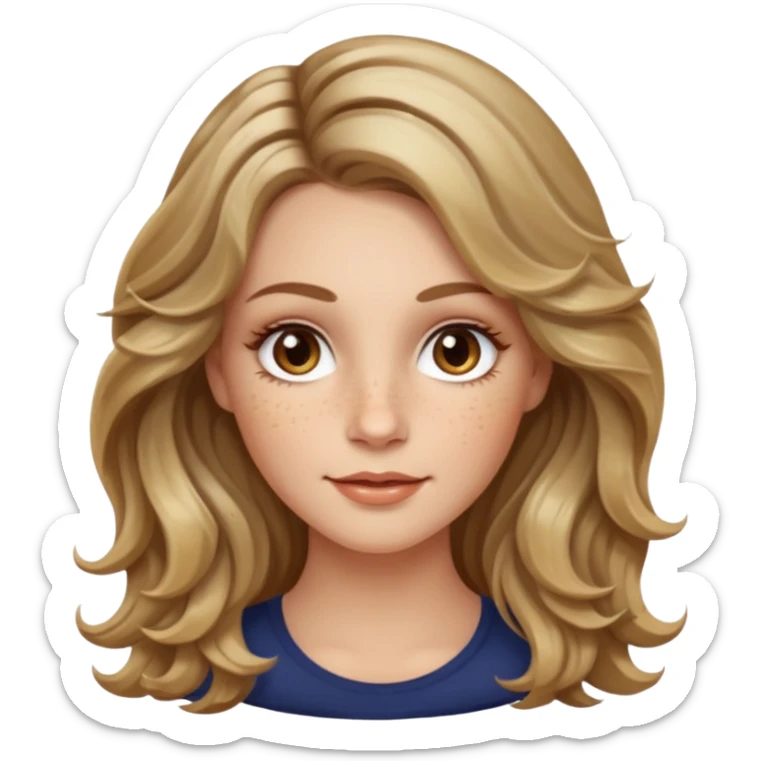 long dark Blond with highlights wavy hair white women, oval shape face hazel eyes long lashes little bit of freckles high cheek bones sticker