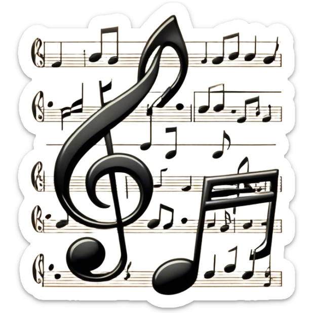 Cinematic Realistic Music Notes, crisp black ink on vintage sheet music, slightly curled edges, soft candlelight casting subtle shadows, glowing with an artistic and nostalgic charm. sticker